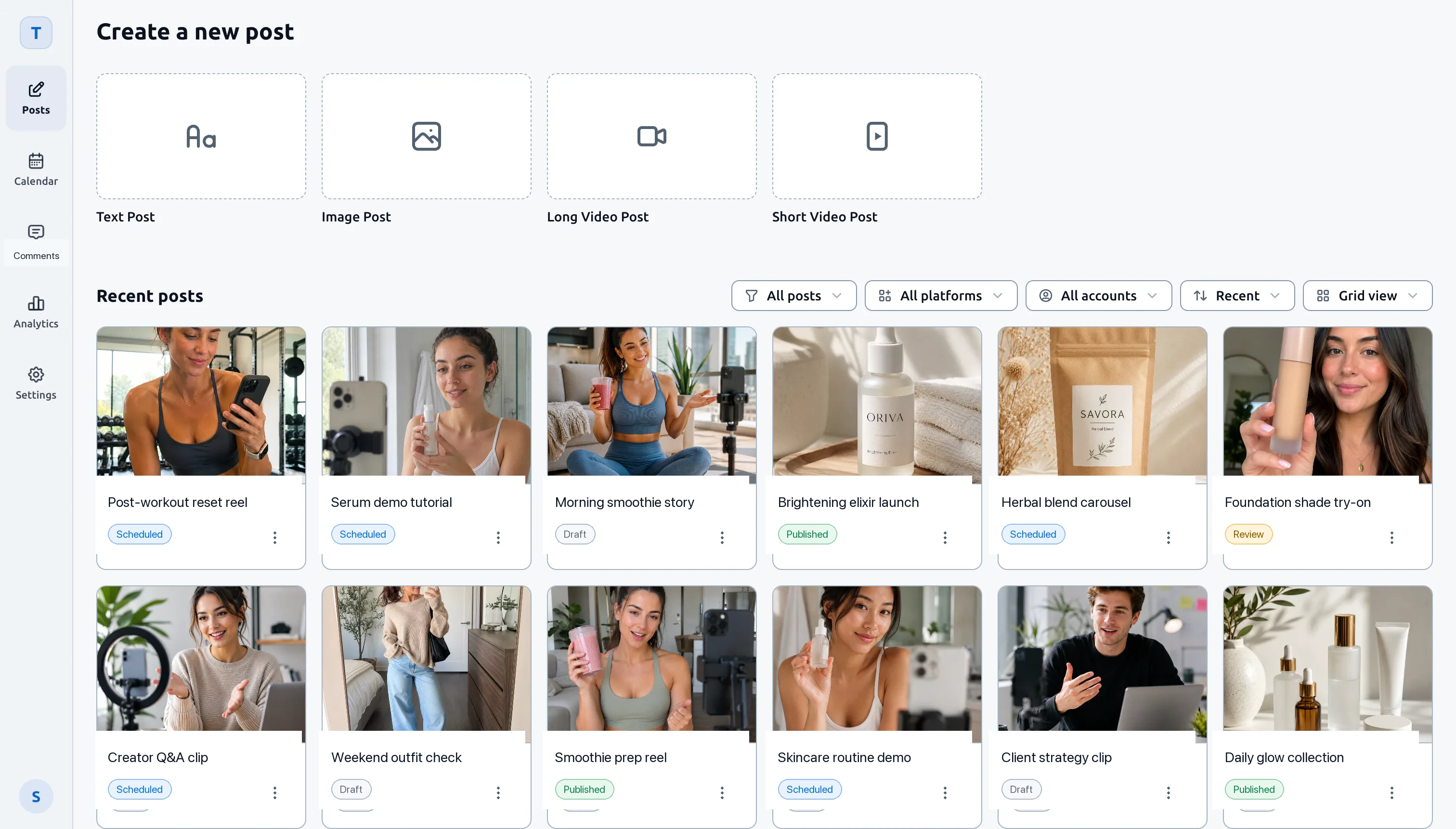 Socrazi dashboard for creating and organizing social posts